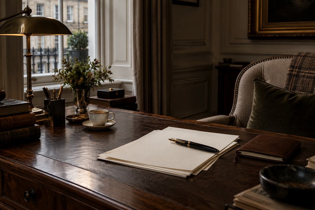 A writing desk with correspondence, a fountain pen and a brass lamp in afternoon light